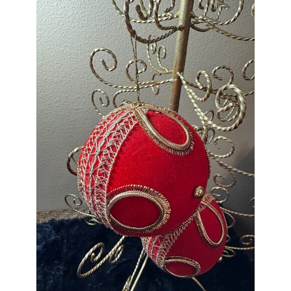 Vintage West Germany Koestel Christmas Ornaments 5 " BALL Red Velvet Gold - Picture 4 of 11